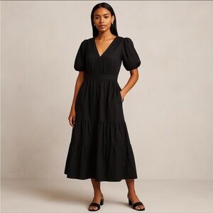 French Connection Peasant Midi Tiered Puff Sleeve Dress